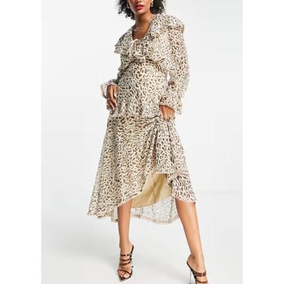 ASOS Dress 8 Cream Midi Ruffle Tiered Leopard Sheer Puff Prairie Cottage Boho - Picture 2 of 16